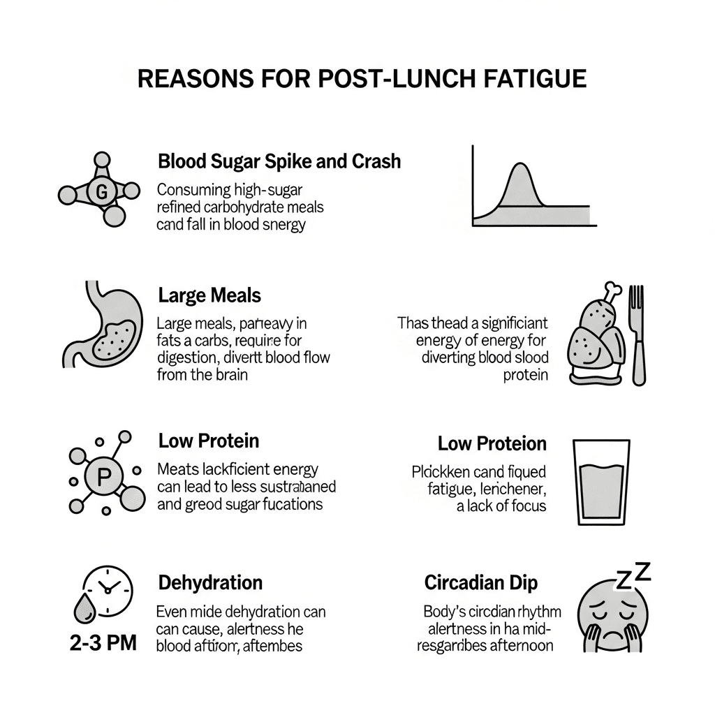 Infographic illustrating main causes of post-lunch fatigue