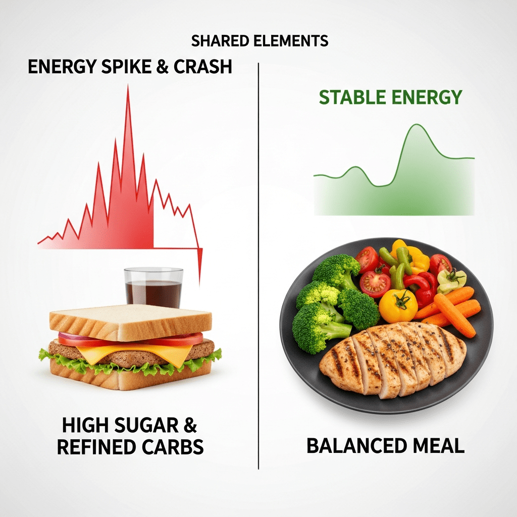 Comparison of meals causing energy crash versus stable energy meals
