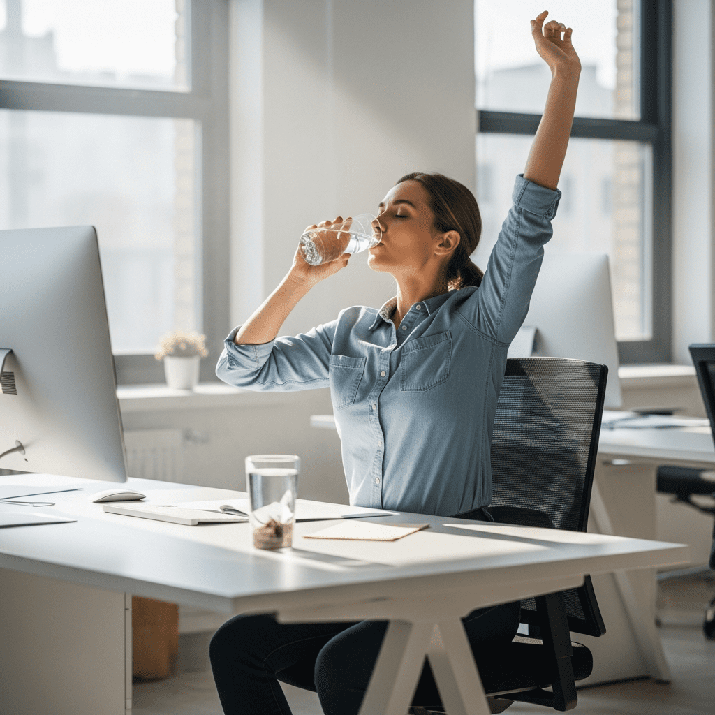 Office worker using micro habits to boost afternoon energy