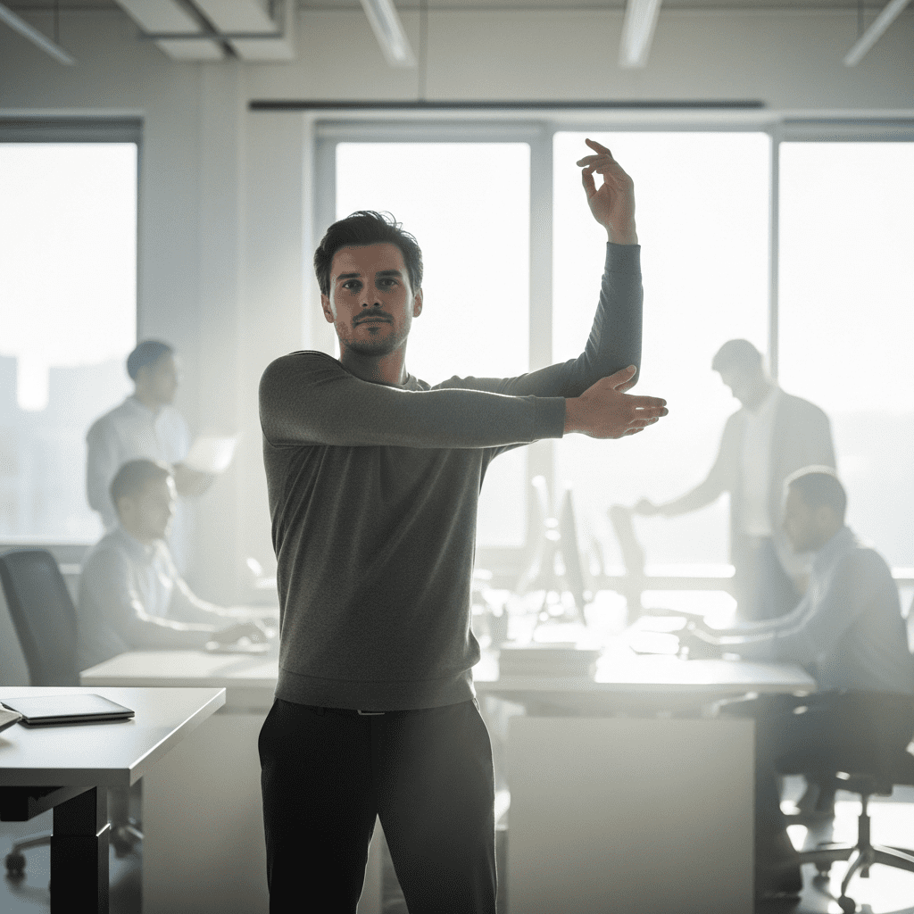 Office worker standing and stretching to boost afternoon energy