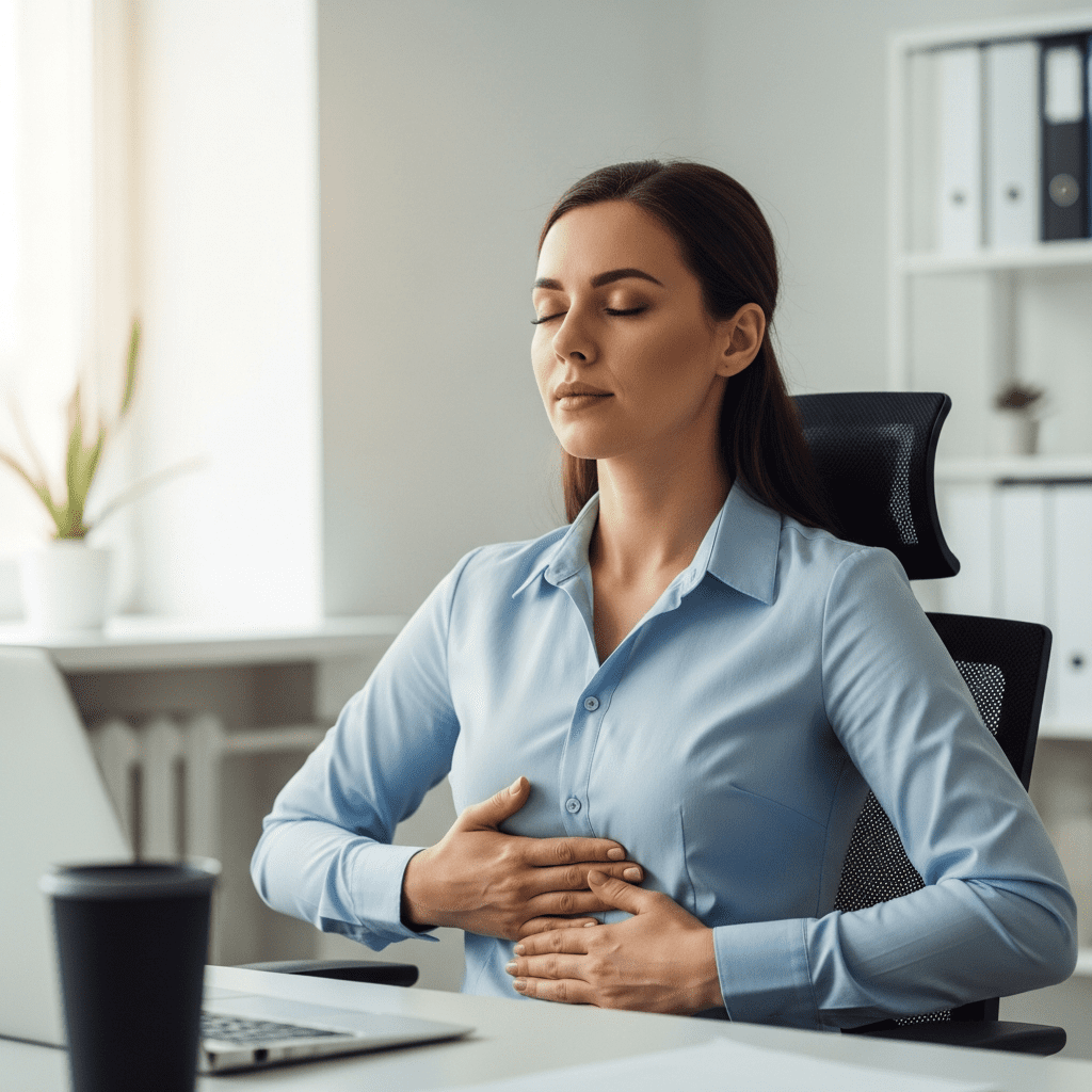 Office worker practicing deep breathing to boost focus