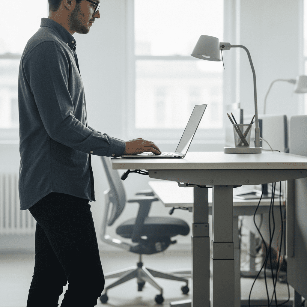 Working at a stand-up desk to improve energy and focus