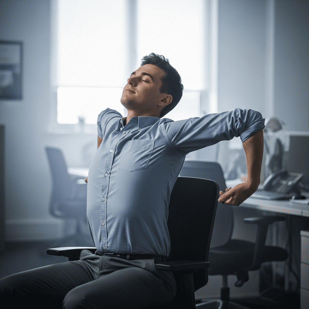 Desk worker doing shoulder rolls and chest opening to correct rounded shoulders.