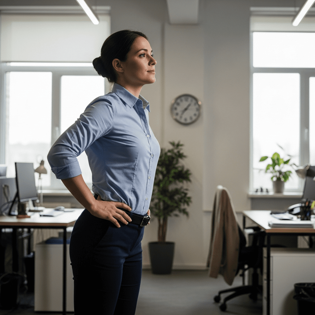 Standing hip reset exercise to relieve tight hip flexors from sitting.