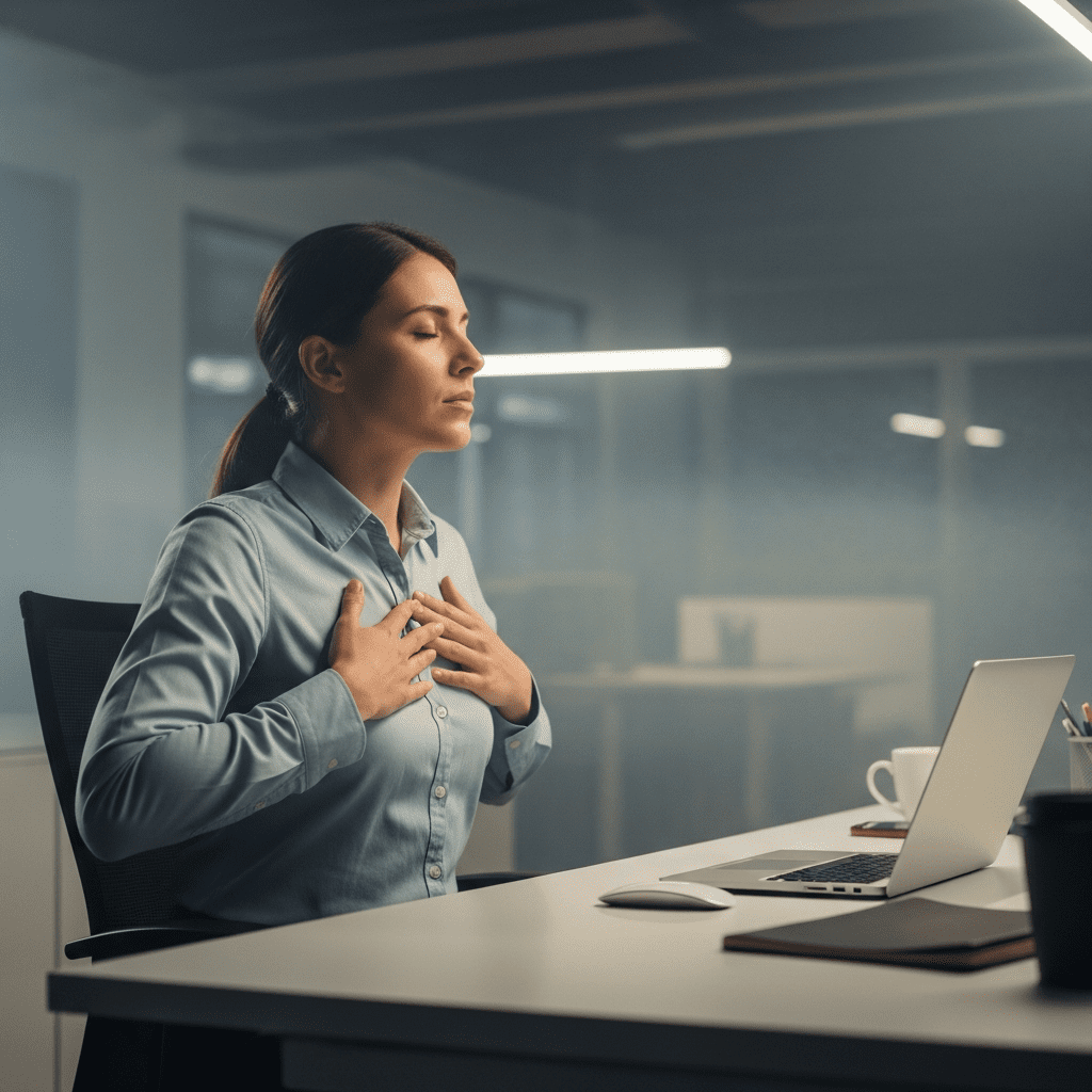 Breathing posture reset exercise for improved energy and alertness at work.