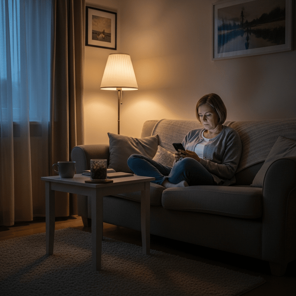 Tired adult sitting on a couch at night holding a phone before bed