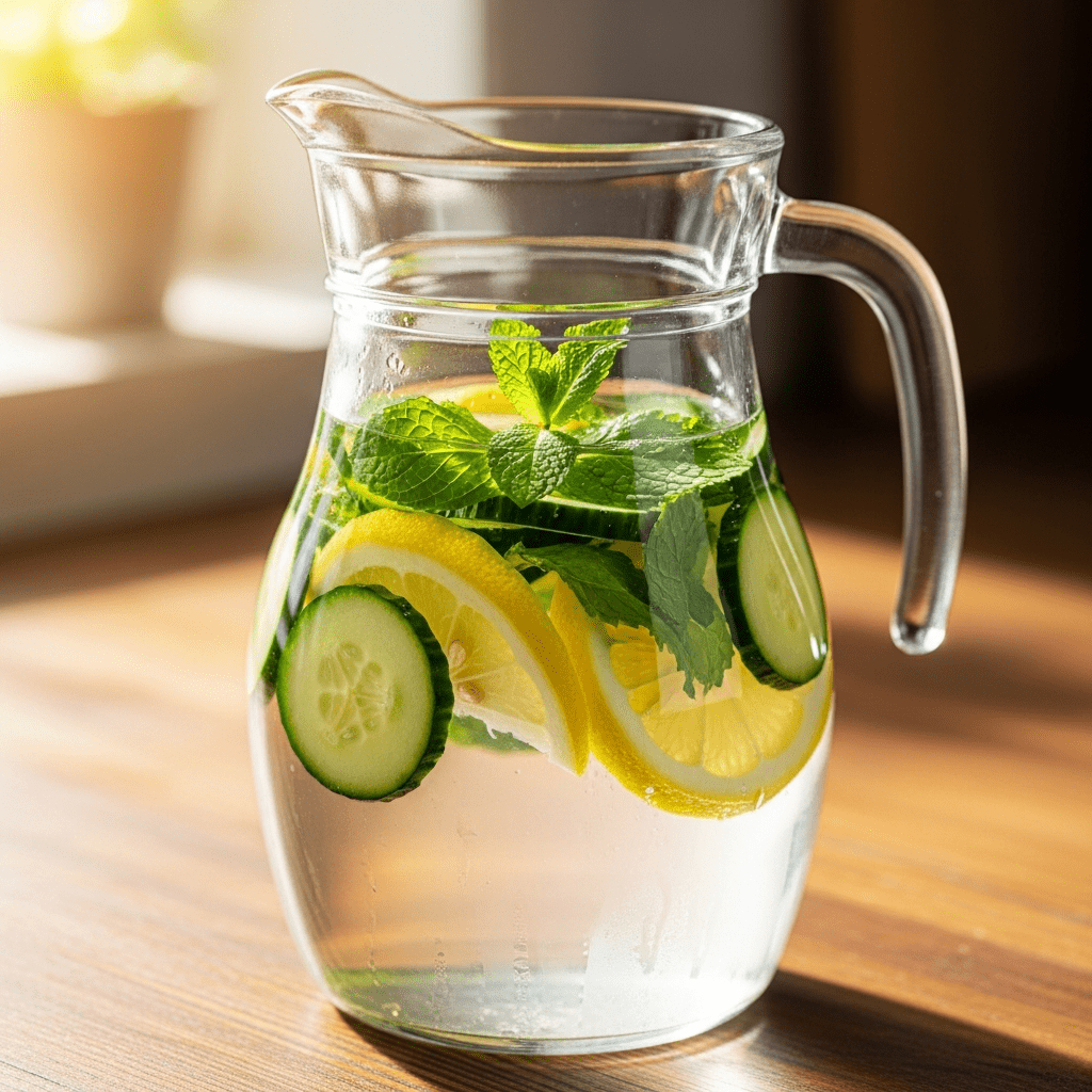 Homemade cucumber mint lemon infused water in glass pitcher