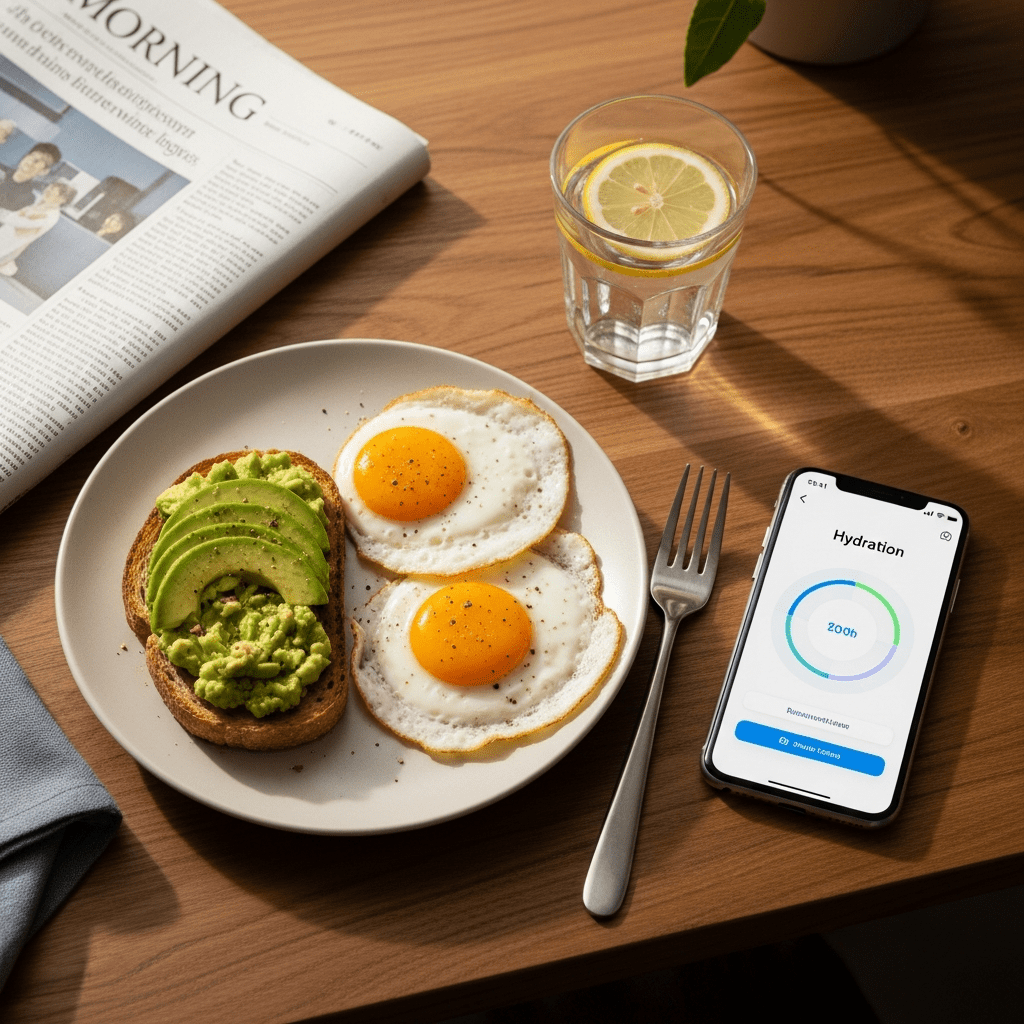 Breakfast meal paired with lemon water hydration habit