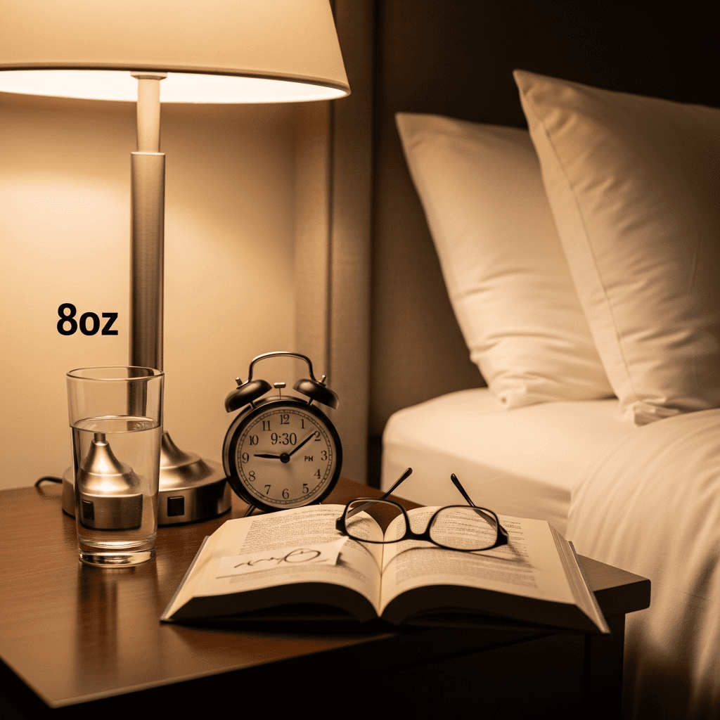 vening bedside water glass for overnight hydration prep  