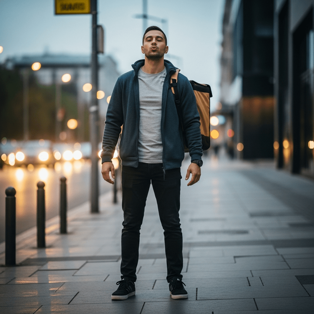 man doing pursed lip breathing on street to release physical tension