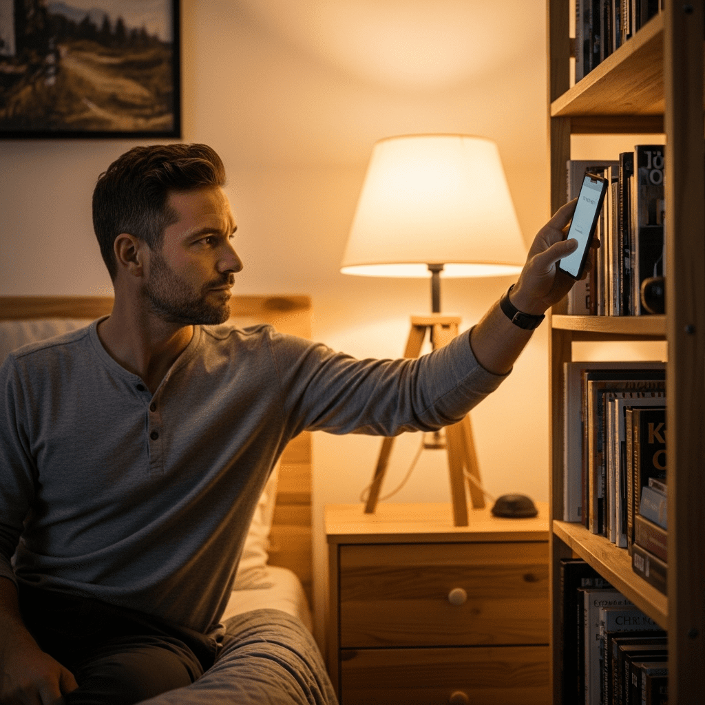  Man setting phone away from bed to improve sleep habits
