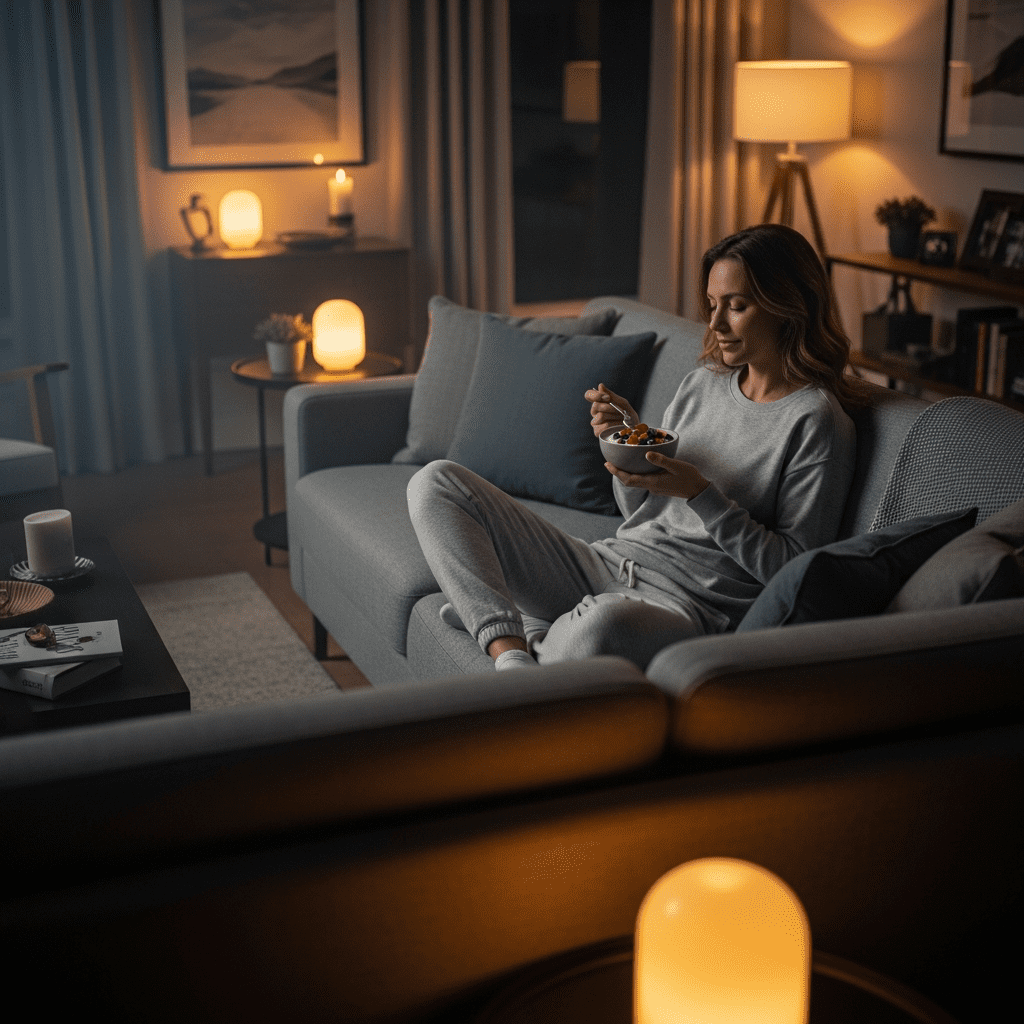 Woman enjoying a healthy sweet snack at night to satisfy sugar cravings