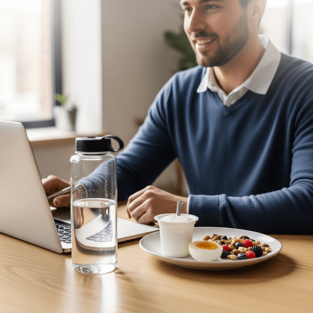 Office‑friendly high‑protein snacks under 200 calories on a desk, showing Greek yogurt, hard‑boiled egg, and nuts and berries for weight‑loss support and healthy snacking at work  