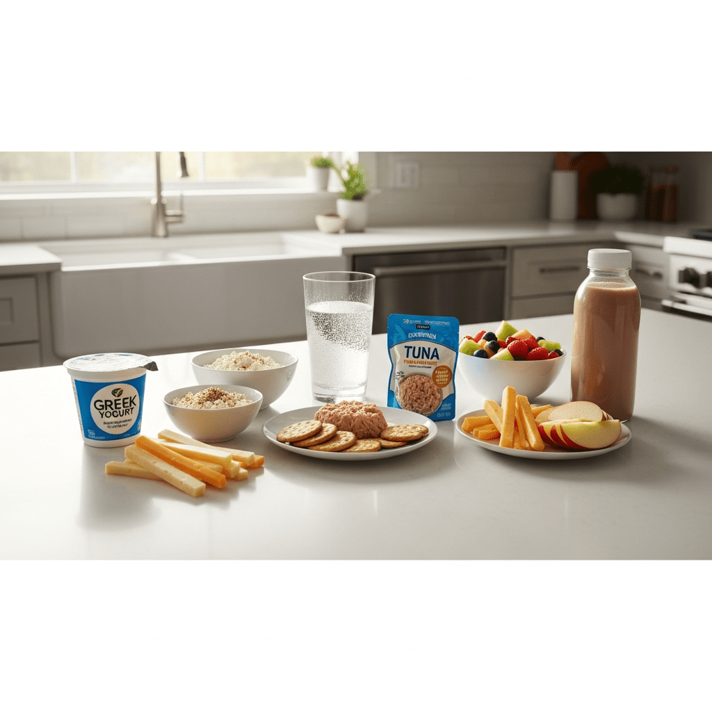 Collection of high‑protein snacks under 200 calories for weight loss, including Greek yogurt, cottage cheese, tuna pouch, cheese sticks, and protein shake laid out on a kitchen counter  