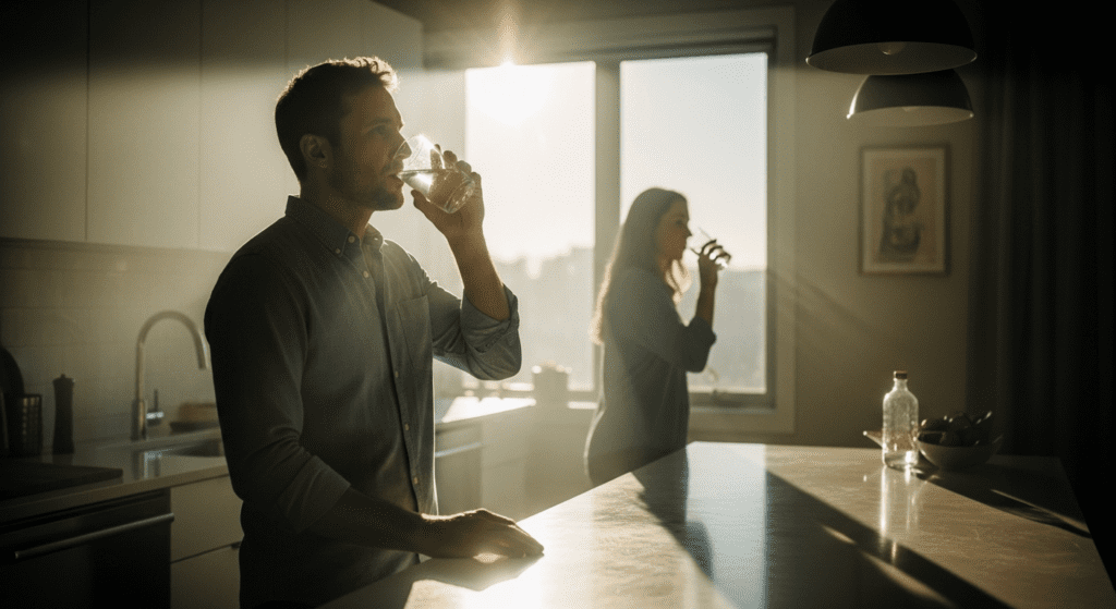 busy adult drinking water in morning healthy micro habit