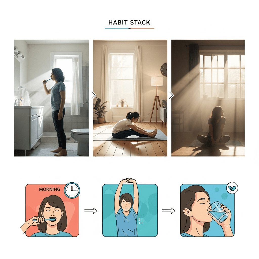 Step-by-step habit stacking example for busy adults.