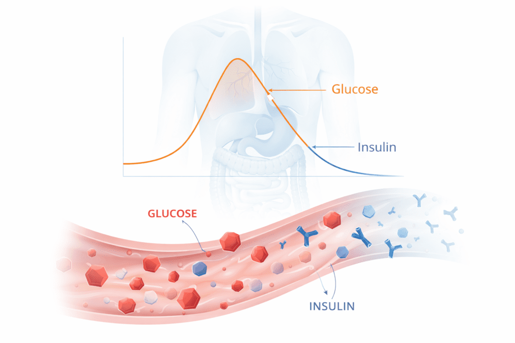 Illustration showing insulin spike followed by rapid blood sugar drop causing energy crash