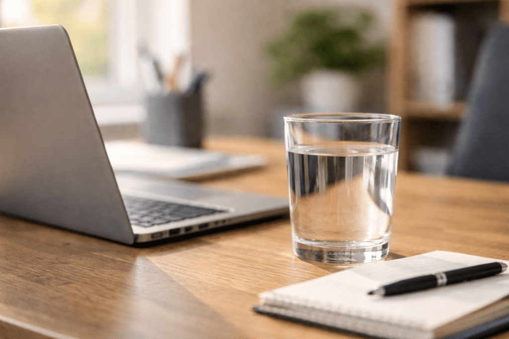 hydration for afternoon energy glass of water on desk