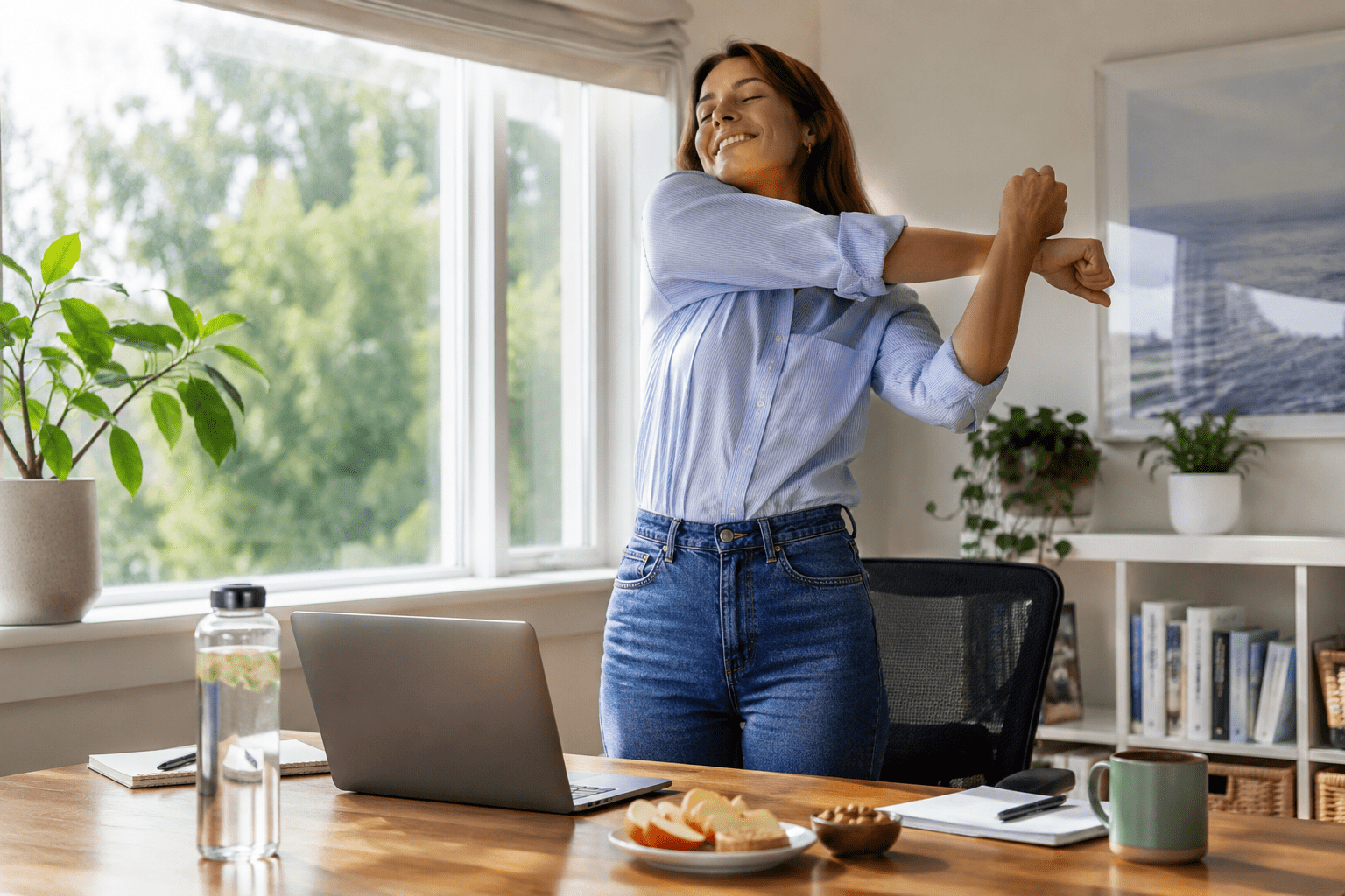 woman stretching in a sunny home office for energy without coffee