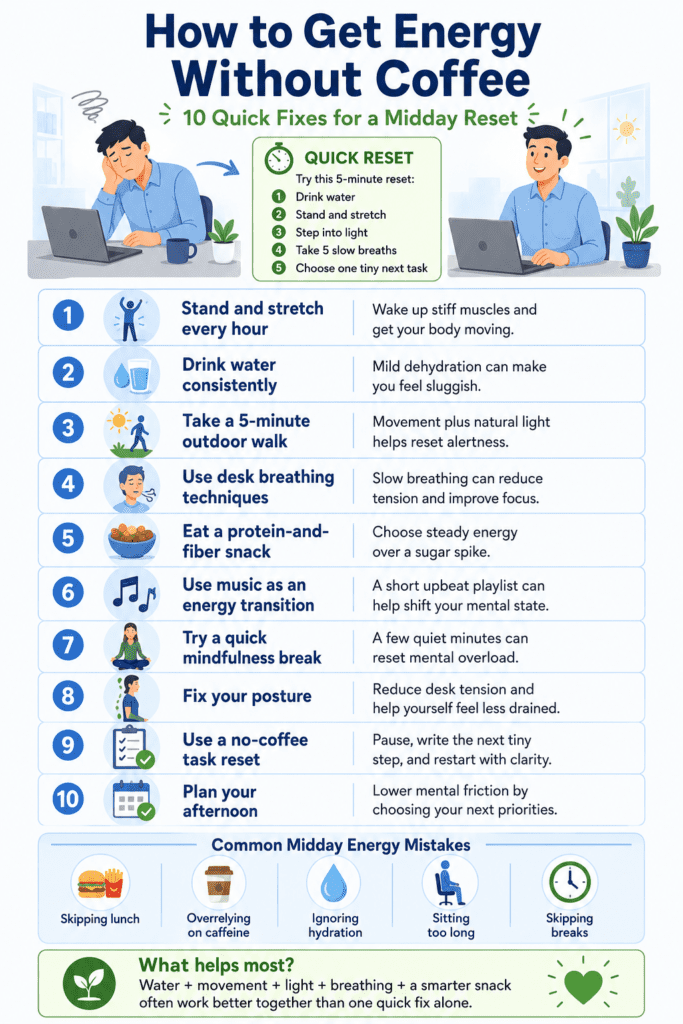 infographic showing how to get energy without coffee using water movement light breathing snacks and task resets