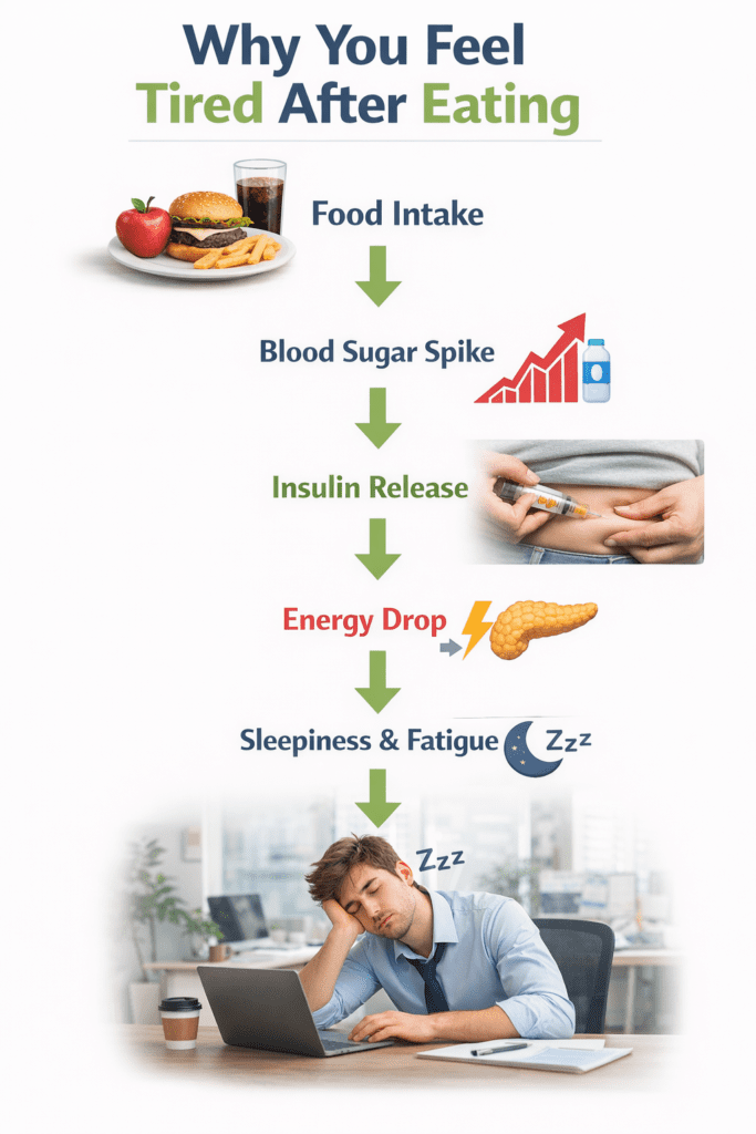 infographic explaining why you feel tired after eating step by step