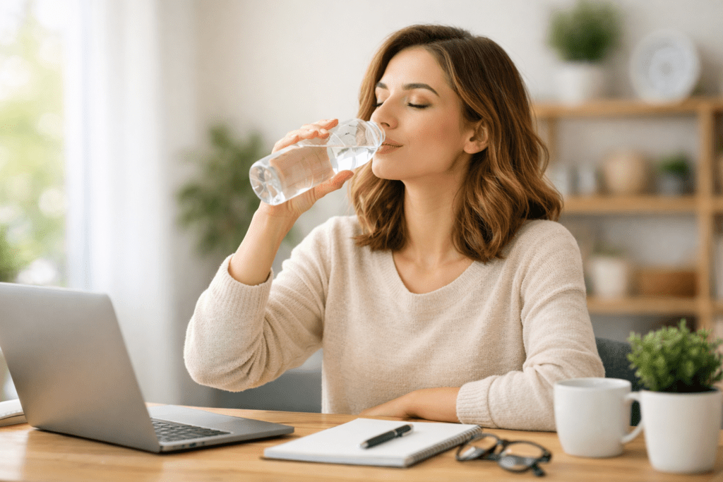 Woman drinking water at her desk to support daily energy levels