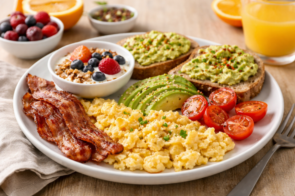 Protein-rich breakfast with eggs and avocado for stable energy