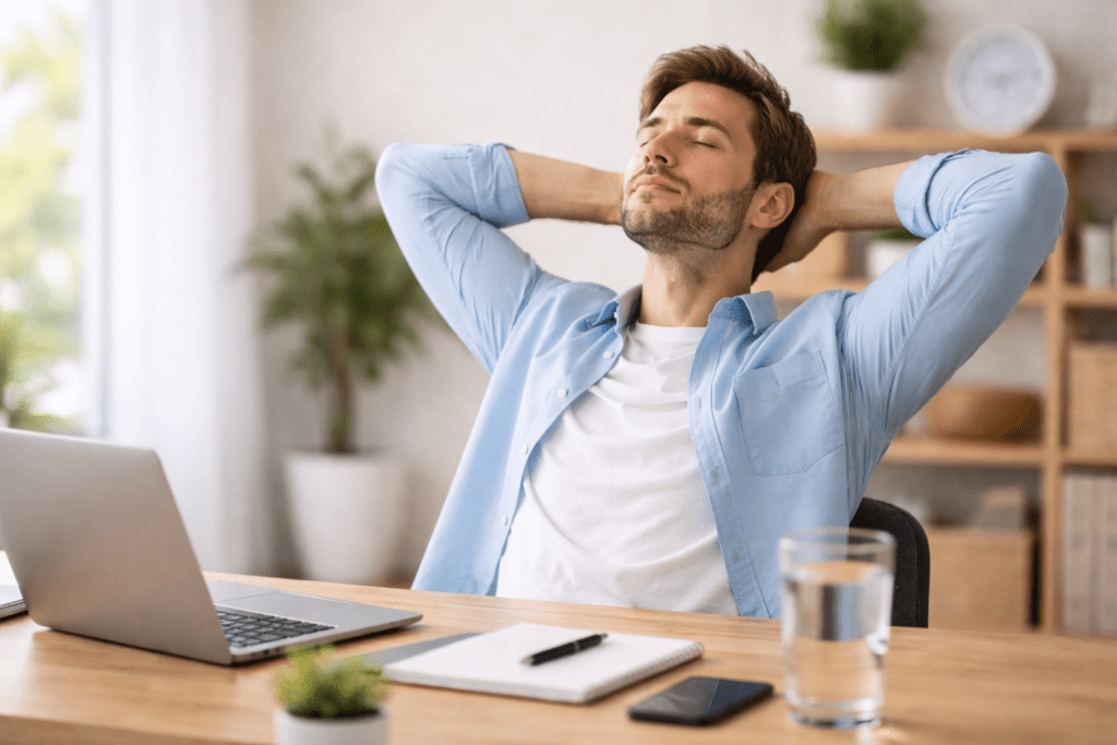 Office professional taking a deep breath to reduce stress and reset energy