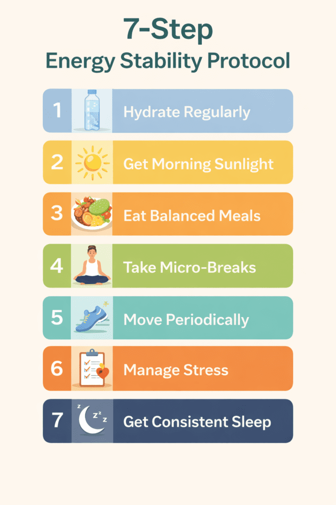 Seven-step energy stability protocol to prevent afternoon crashes