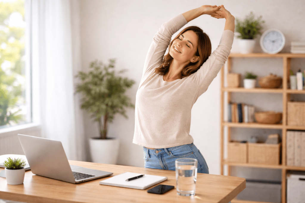 Desk worker stretching to improve circulation and prevent fatigue