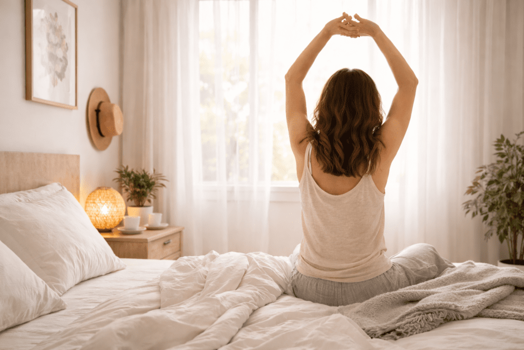 Calm bedroom environment supporting consistent sleep and next-day energy