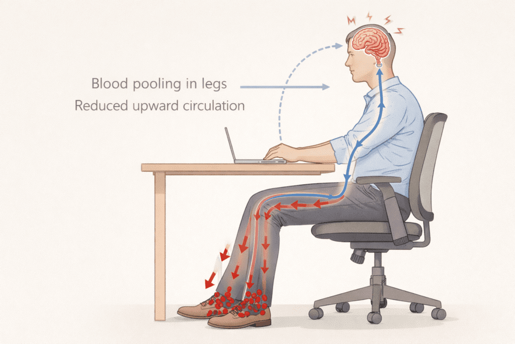 Diagram showing how prolonged sitting can reduce circulation and cause afternoon dizziness
