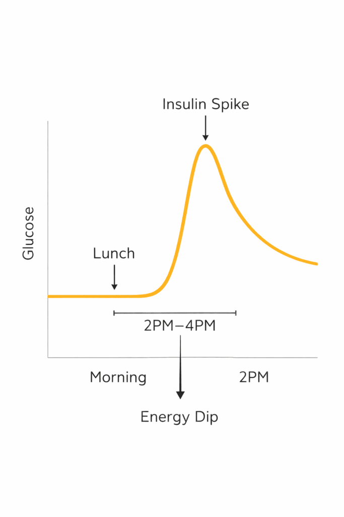 Infographic showing blood sugar spike after lunch followed by afternoon energy dip
