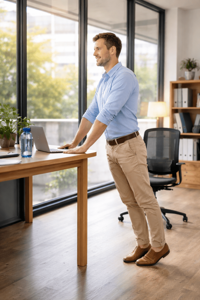 Desk worker performing calf raises to improve circulation and reduce afternoon dizziness