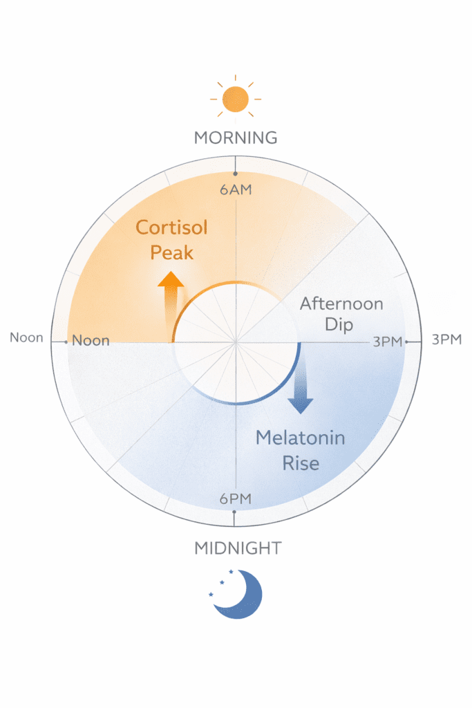 Circadian rhythm chart showing afternoon cortisol dip linked to fatigue