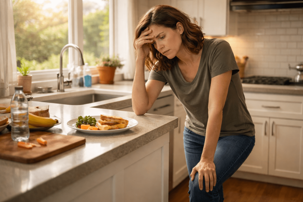 feeling mentally drained but restless in the afternoon in a kitchen after lunch