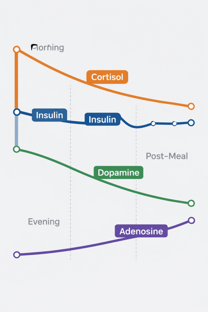 Hormone timeline showing cortisol, insulin, dopamine, and adenosine changes through the day