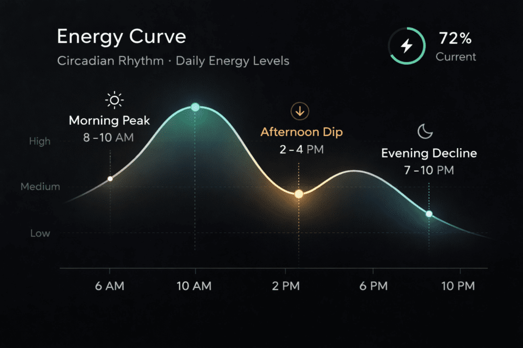 Daily energy curve showing circadian dip in the afternoon
