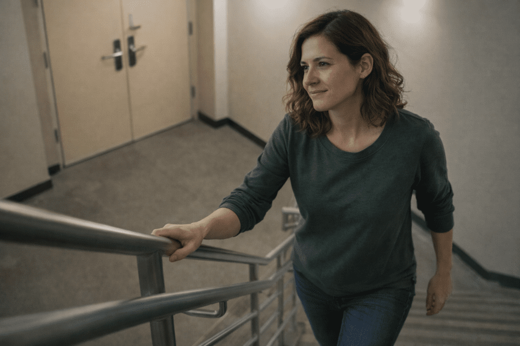 Quick stairwell micro-break to reset afternoon energy and restlessness