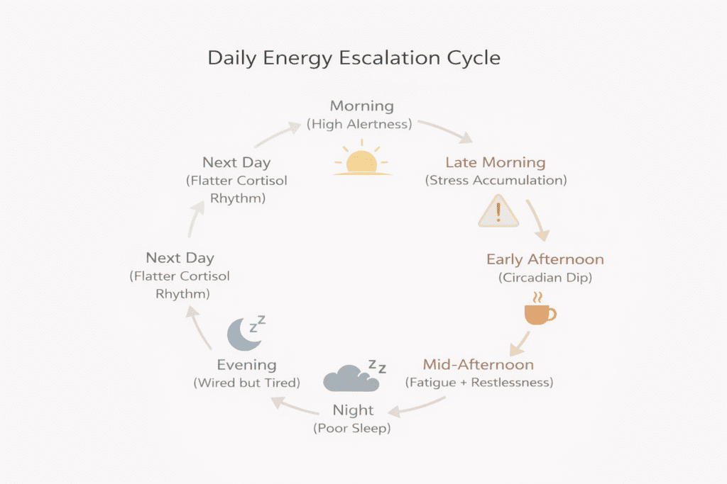 Daily energy escalation cycle from morning alertness to afternoon crash and poor sleep