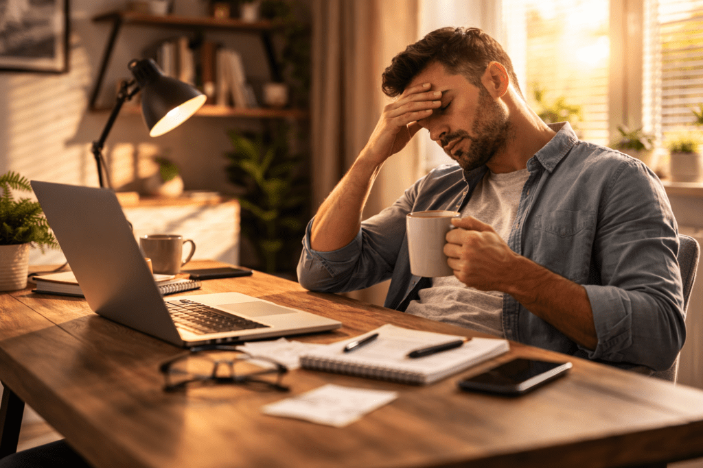 Man feeling tired after drinking coffee in the afternoon at his home office desk