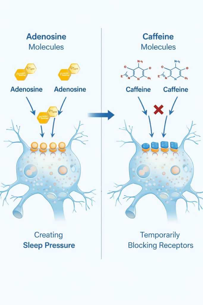 Diagram showing caffeine blocking adenosine receptors in the brain