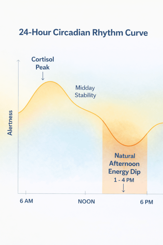 Circadian rhythm chart showing afternoon energy dip