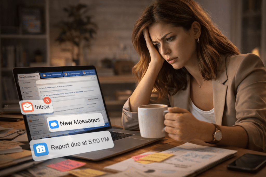 Woman working under stress while drinking coffee