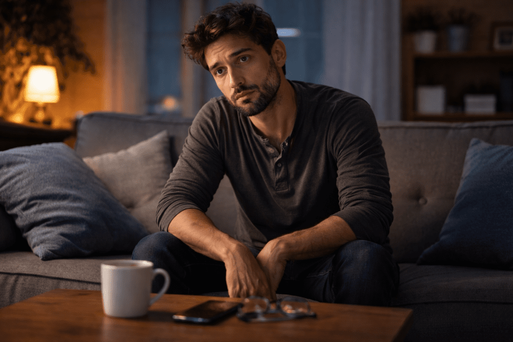 Man feeling wired but tired after drinking coffee