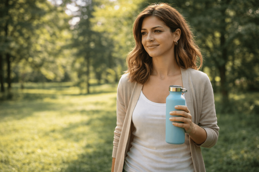 Woman walking outdoors in afternoon sunlight with stable energy