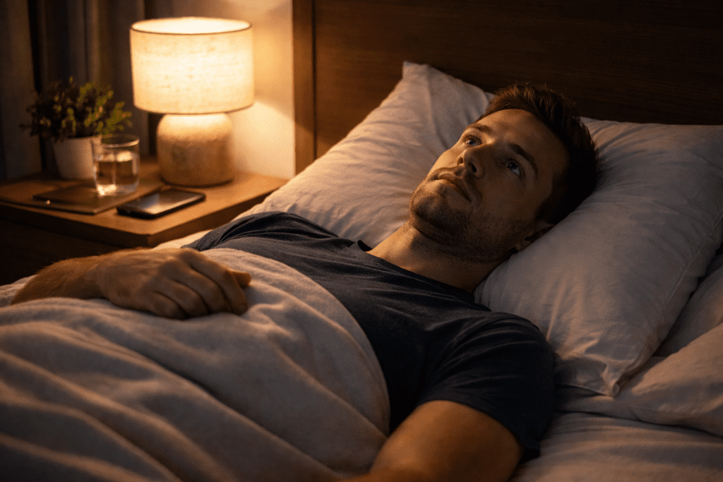 Person lying awake in bed at night feeling physically tired but mentally alert
