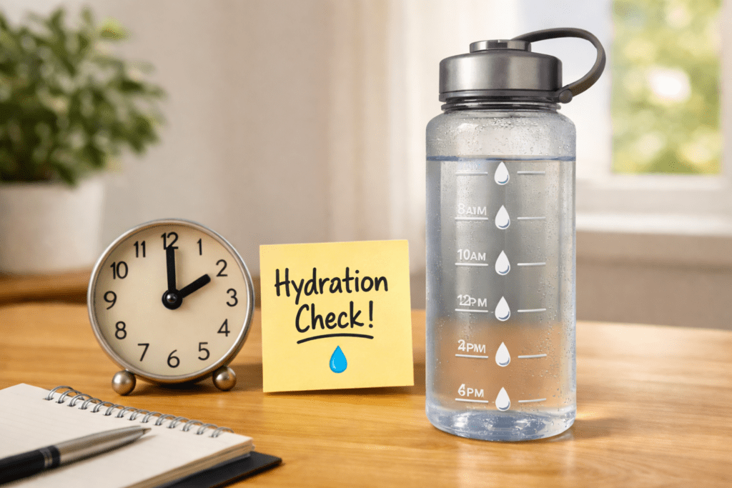 Water bottle and reminder showing hydration habits that support stable energy