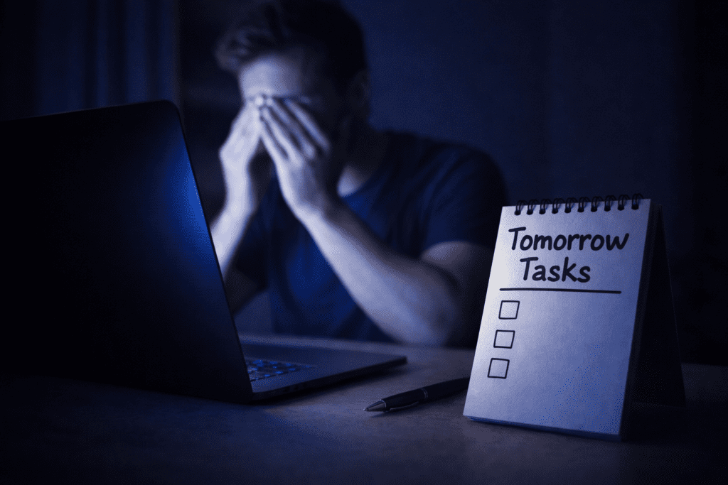 Desk scene showing late work and stimulation that can cause racing thoughts at night