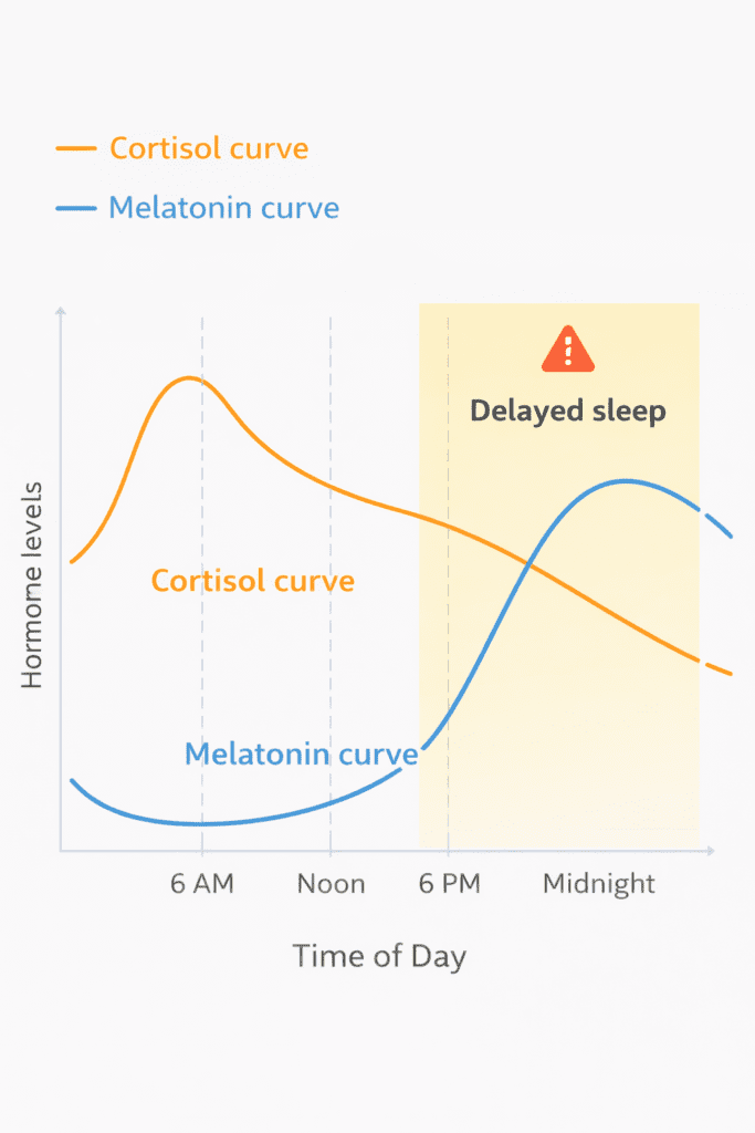 Chart showing cortisol and melatonin curves and how misalignment delays sleep